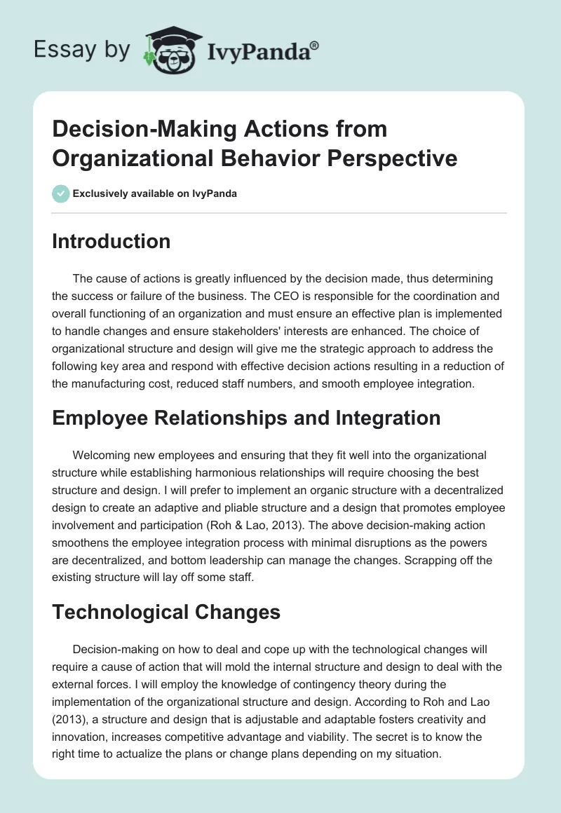 Decision-Making Actions From Organizational Behavior Perspective. Page 1