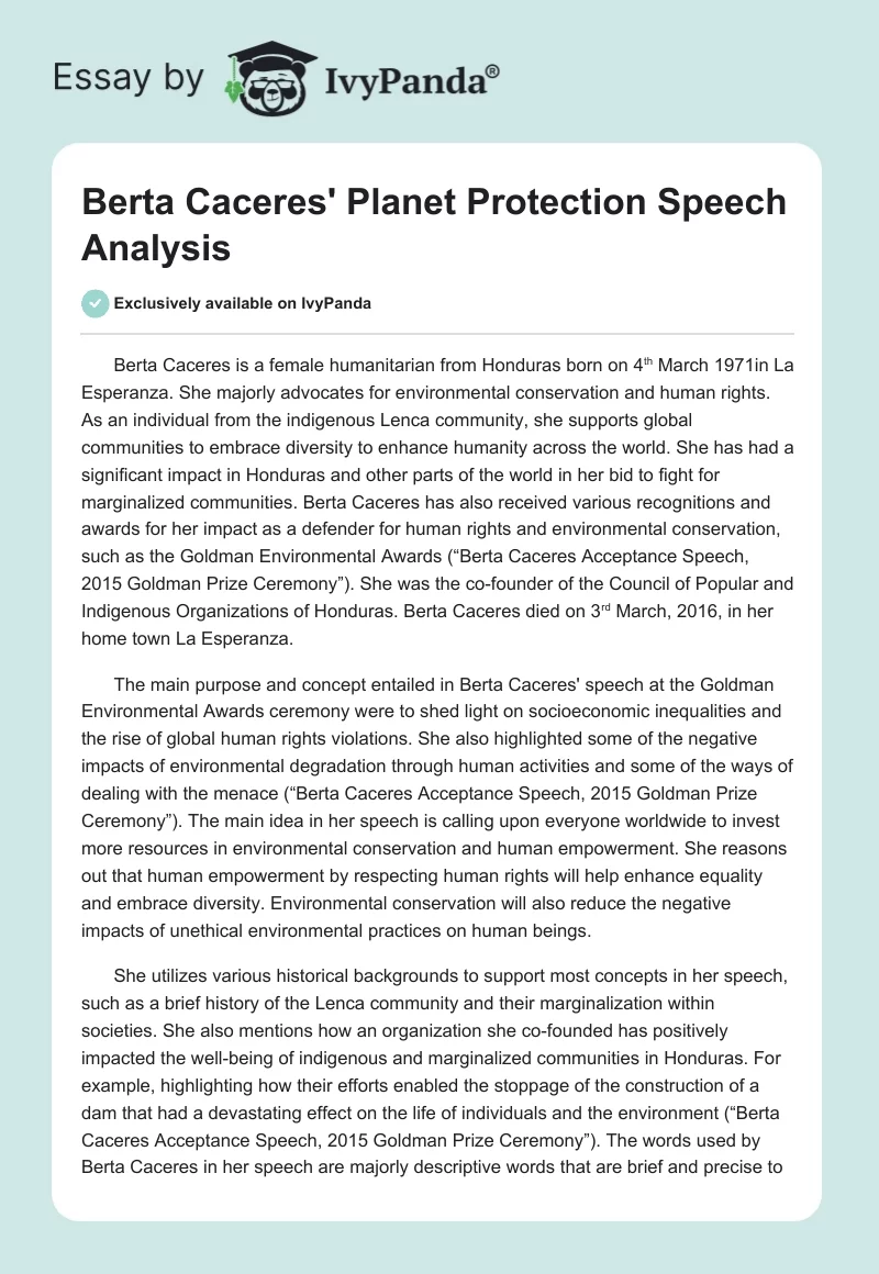 Berta Caceres' Planet Protection Speech Analysis. Page 1