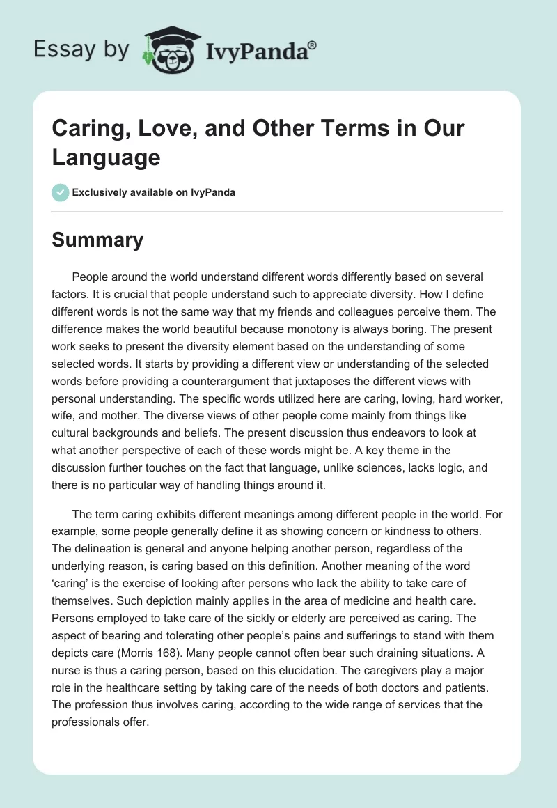 Caring, Love, and Other Terms in Our Language. Page 1