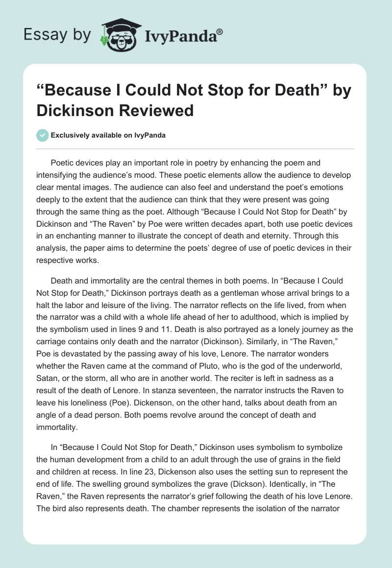 “Because I Could Not Stop for Death” by Dickinson Reviewed. Page 1
