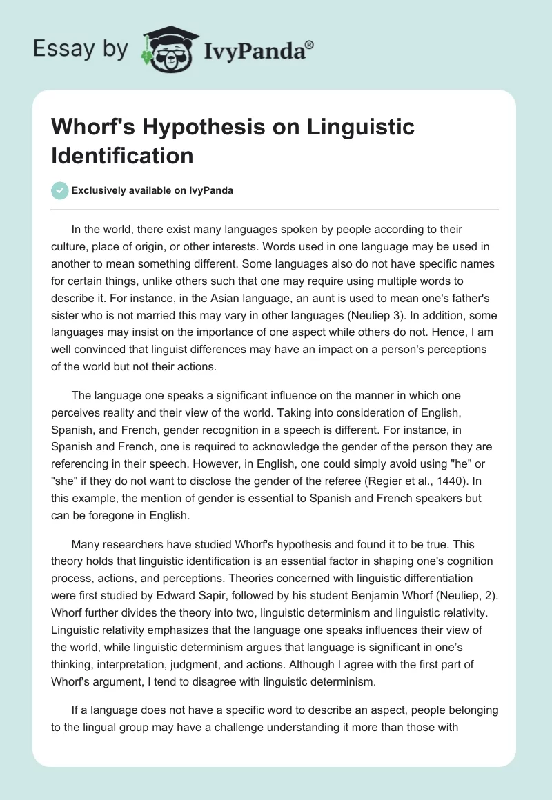 Whorf's Hypothesis on Linguistic Identification. Page 1