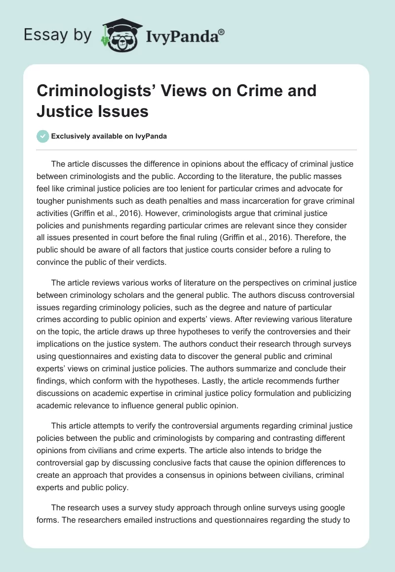 Criminologists’ Views on Crime and Justice Issues. Page 1