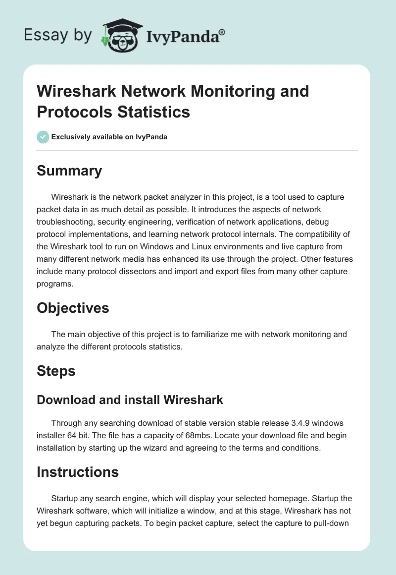 Wireshark Network Monitoring and Protocols Statistics. Page 1