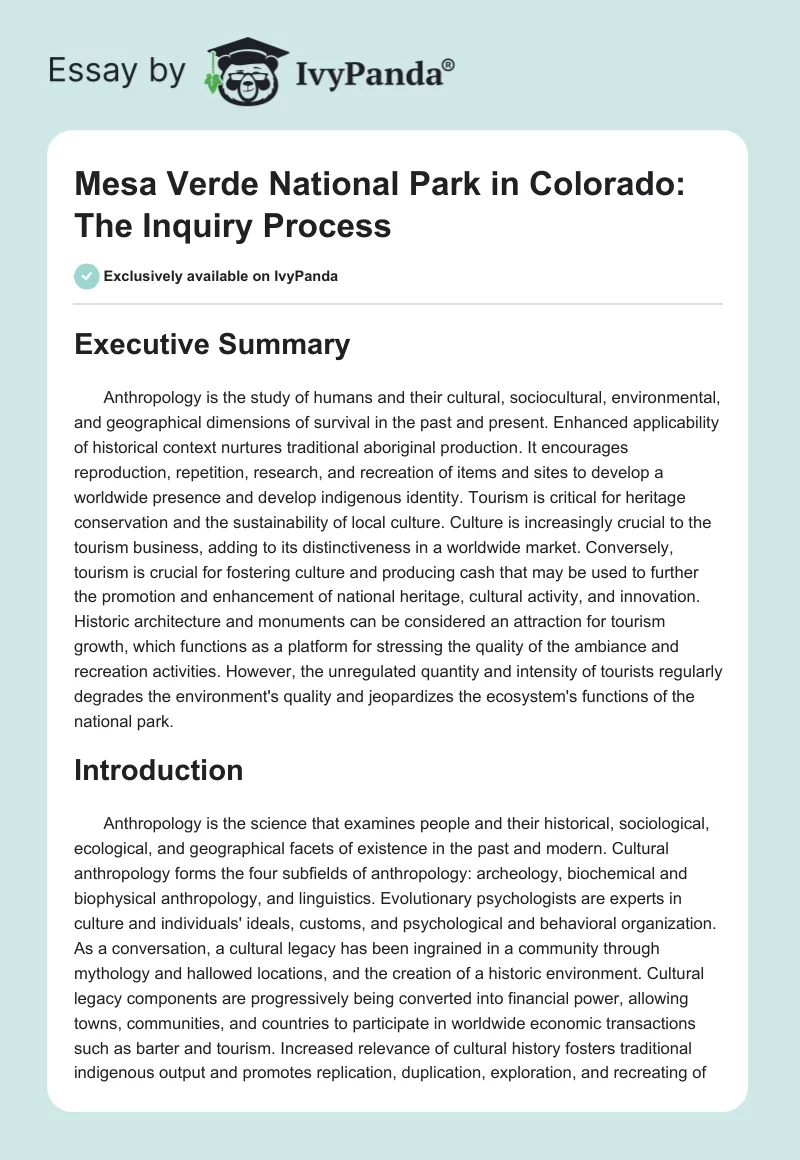 Mesa Verde National Park in Colorado: The Inquiry Process. Page 1