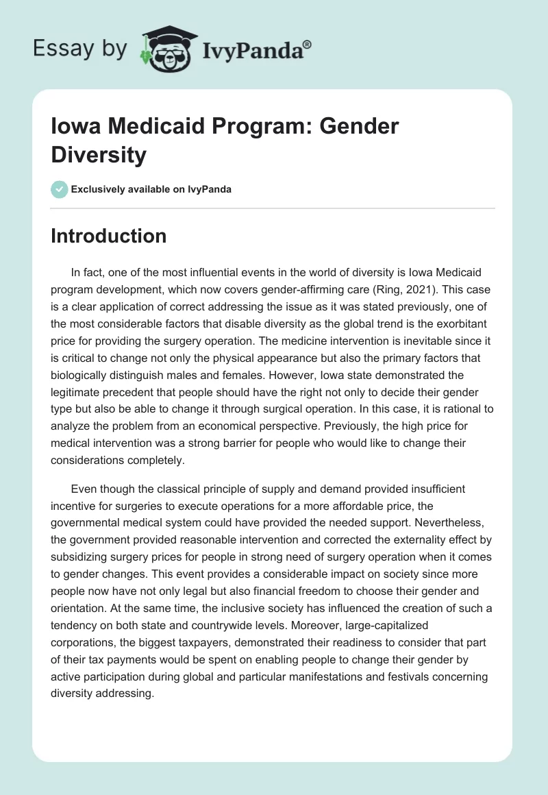 Iowa Medicaid Program: Gender Diversity. Page 1