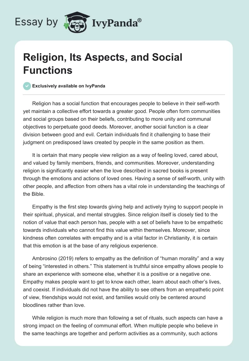 Religion, Its Aspects, and Social Functions. Page 1