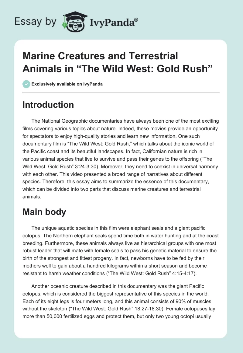 Marine Creatures and Terrestrial Animals in “The Wild West: Gold Rush”. Page 1