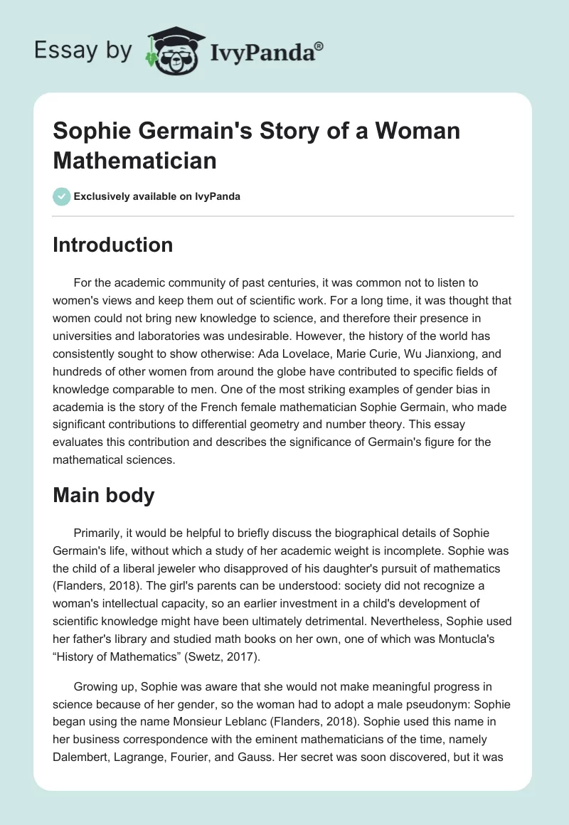 Sophie Germain's Story of a Woman Mathematician. Page 1