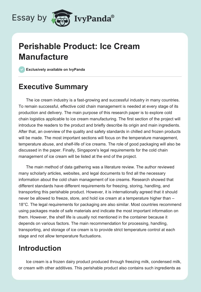 Perishable Product: Ice Cream Manufacture. Page 1