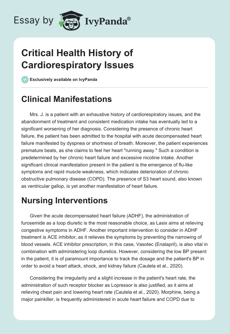 Critical Health History of Cardiorespiratory Issues. Page 1