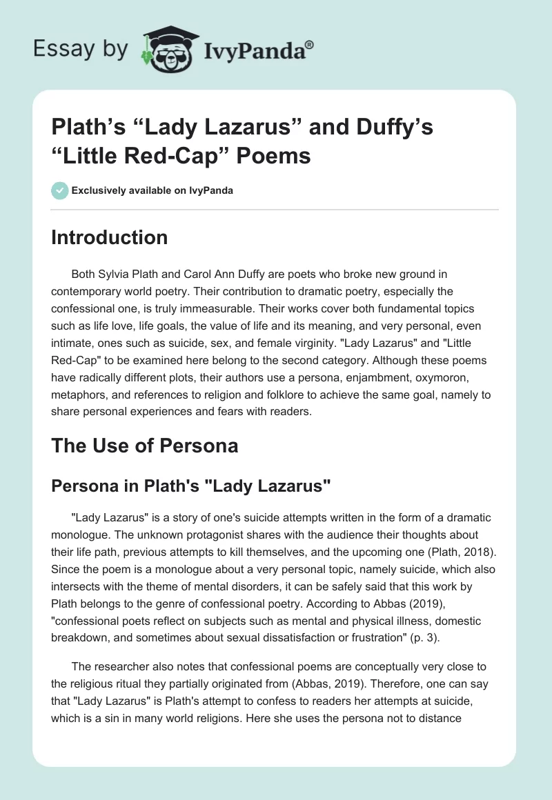 Plath’s “Lady Lazarus” and Duffy’s “Little Red-Cap” Poems. Page 1