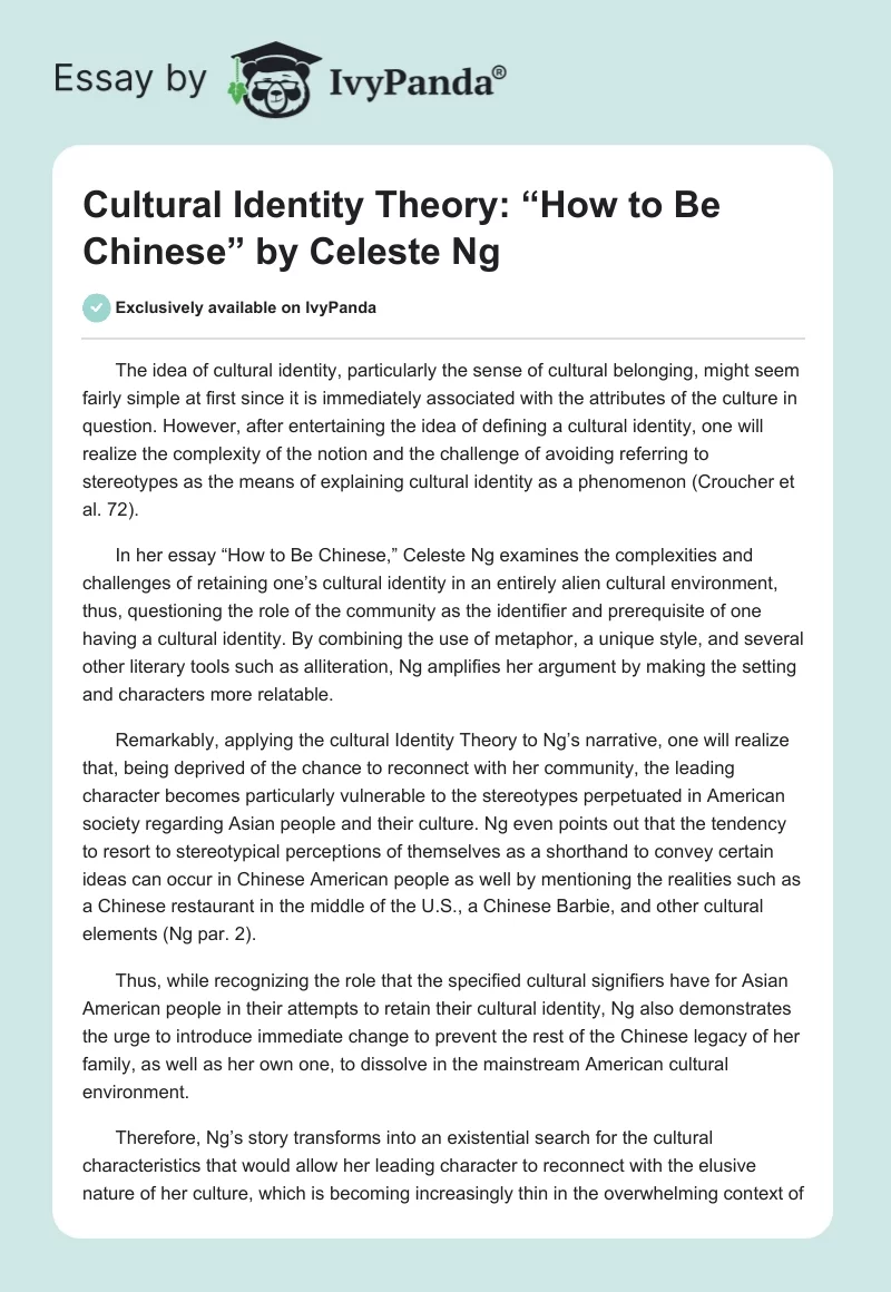 Cultural Identity Theory: “How to Be Chinese” by Celeste Ng. Page 1