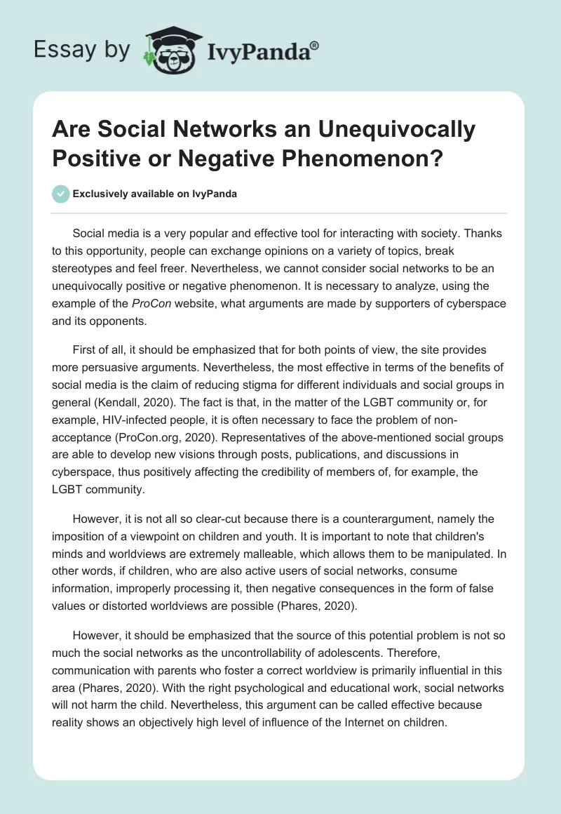 Are Social Networks an Unequivocally Positive or Negative Phenomenon?. Page 1