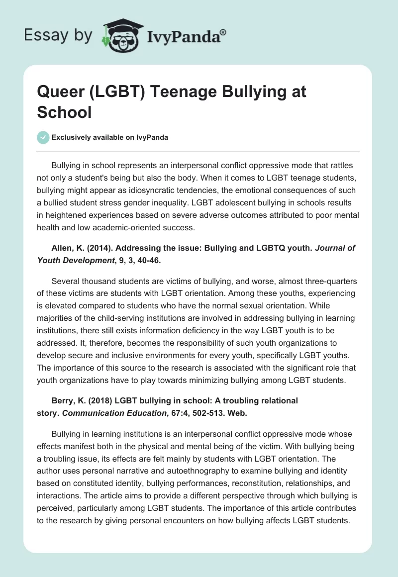 Queer (LGBT) Teenage Bullying at School. Page 1