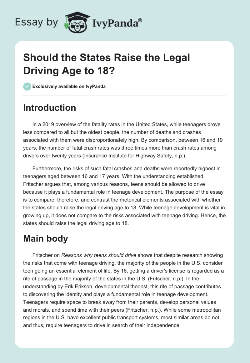 Should the States Raise the Legal Driving Age to 18?. Page 1