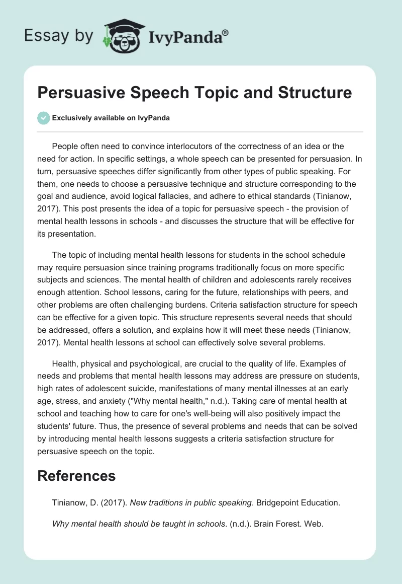 Persuasive Speech Topic and Structure. Page 1