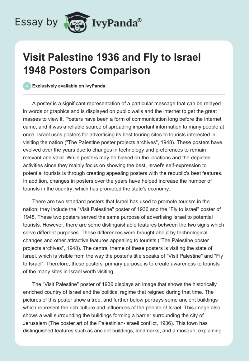 "Visit Palestine" 1936 and "Fly to Israel" 1948 Posters Comparison. Page 1