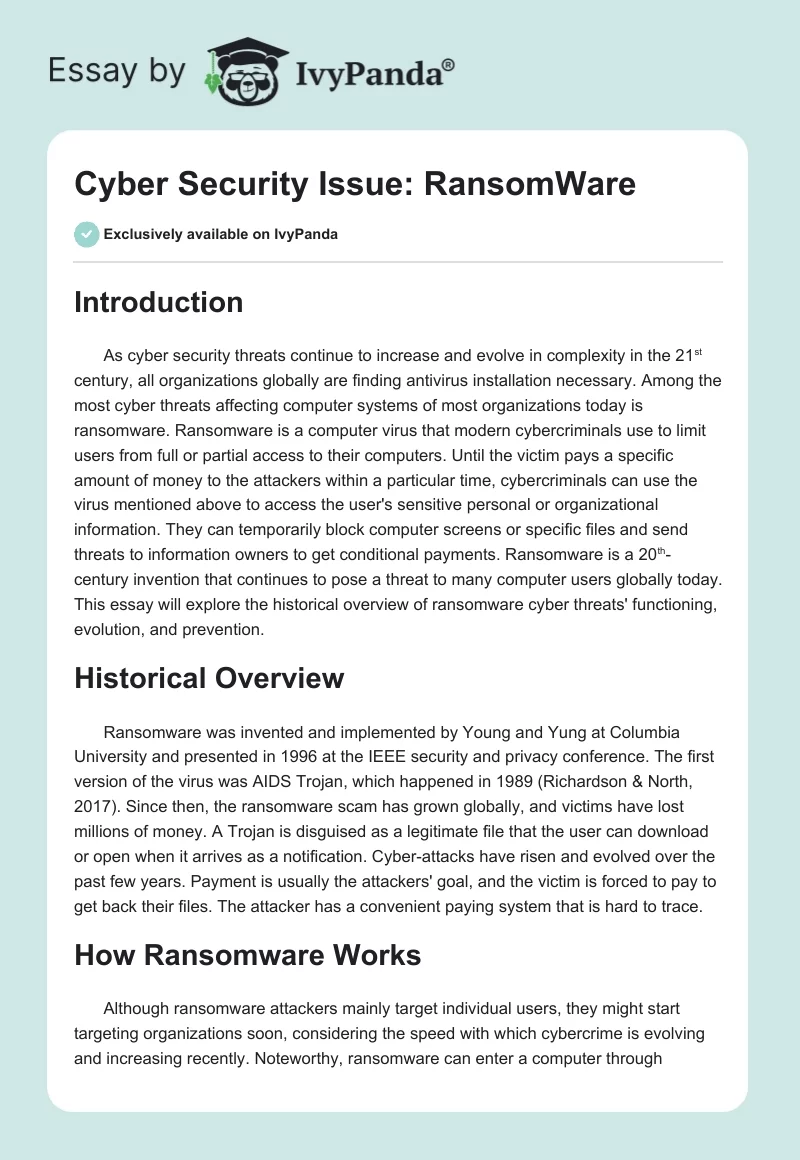 Cyber Security Issue: RansomWare. Page 1