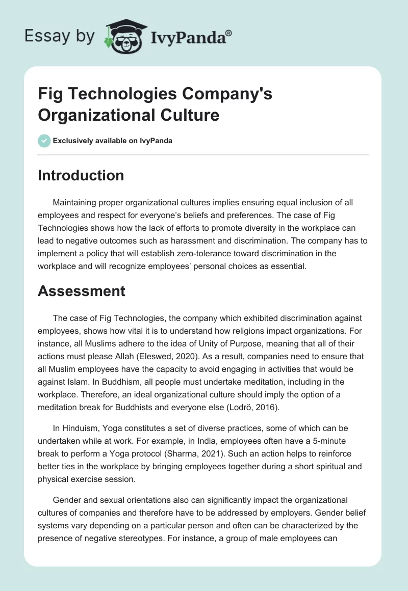 Fig Technologies Company's Organizational Culture. Page 1