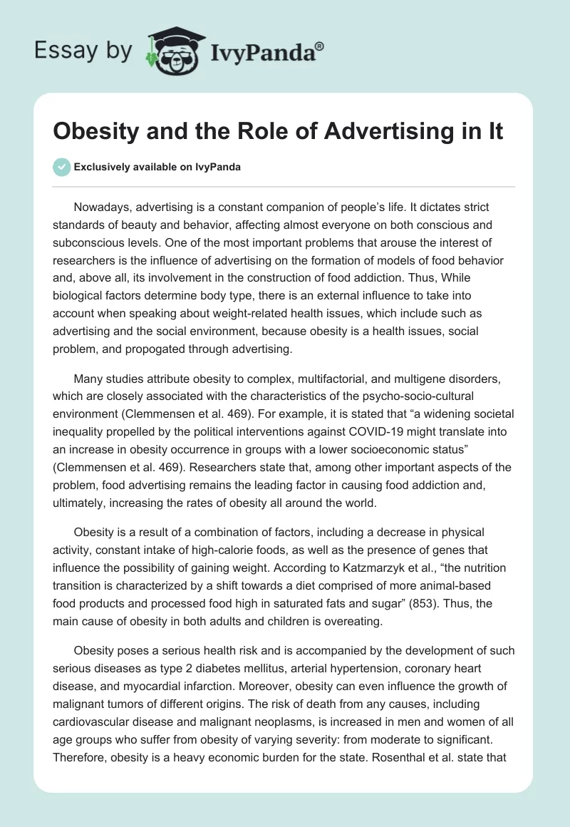 Obesity and the Role of Advertising in It. Page 1