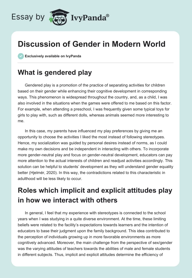 Discussion of Gender in Modern World. Page 1
