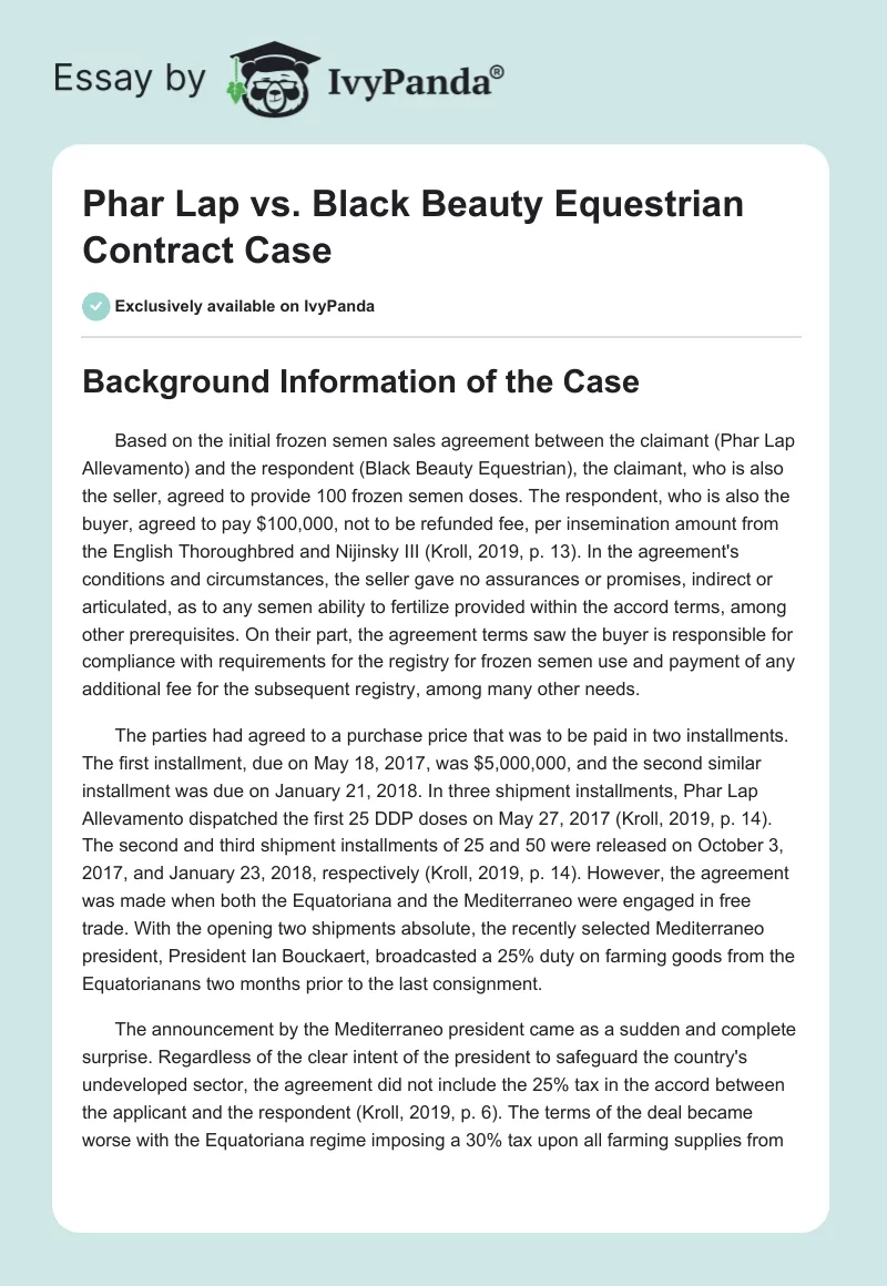Phar Lap vs. Black Beauty Equestrian Contract Case. Page 1