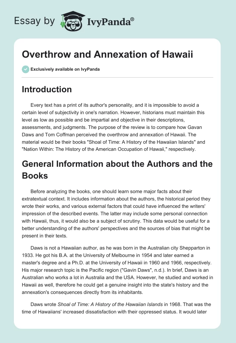 Overthrow and Annexation of Hawaii. Page 1