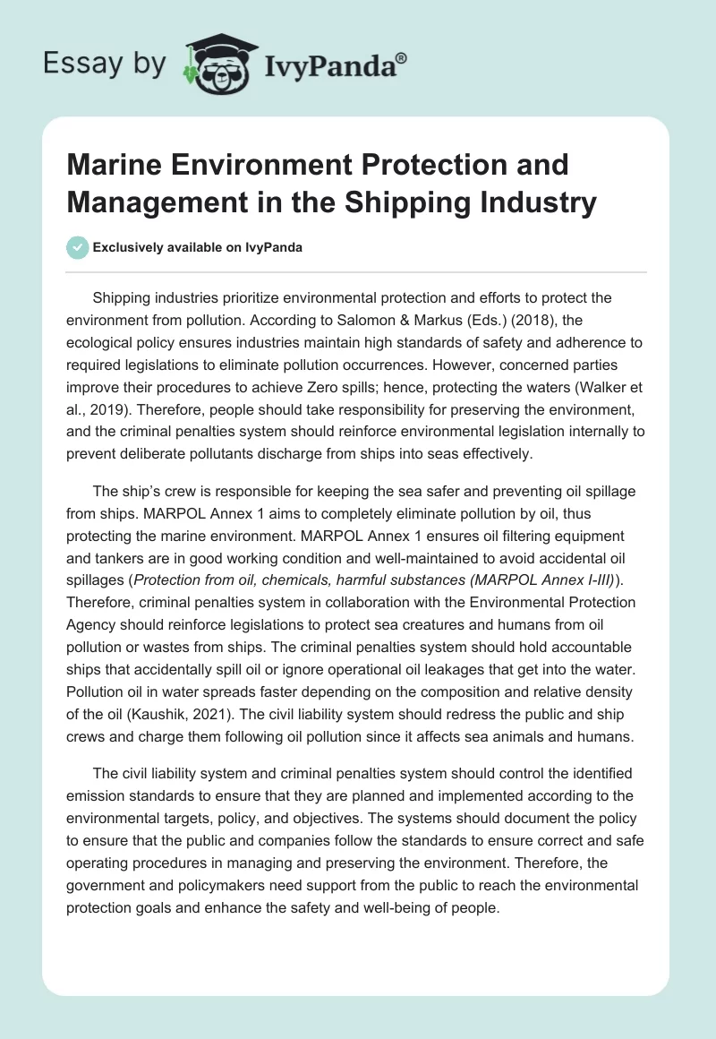 Marine Environment Protection and Management in the Shipping Industry. Page 1