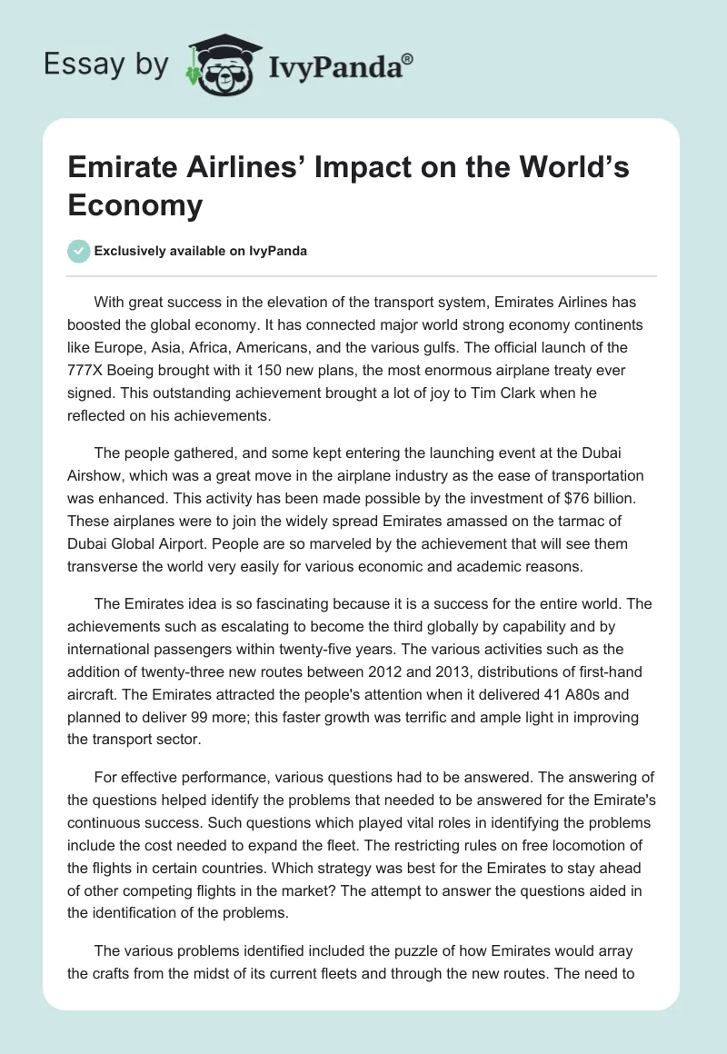 Emirate Airlines’ Impact on the World’s Economy. Page 1