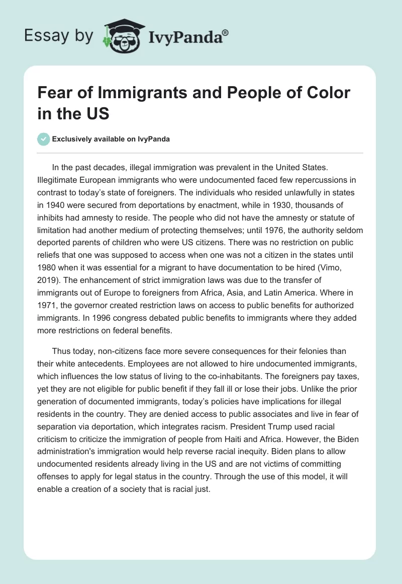 Fear of Immigrants and People of Color in the US. Page 1
