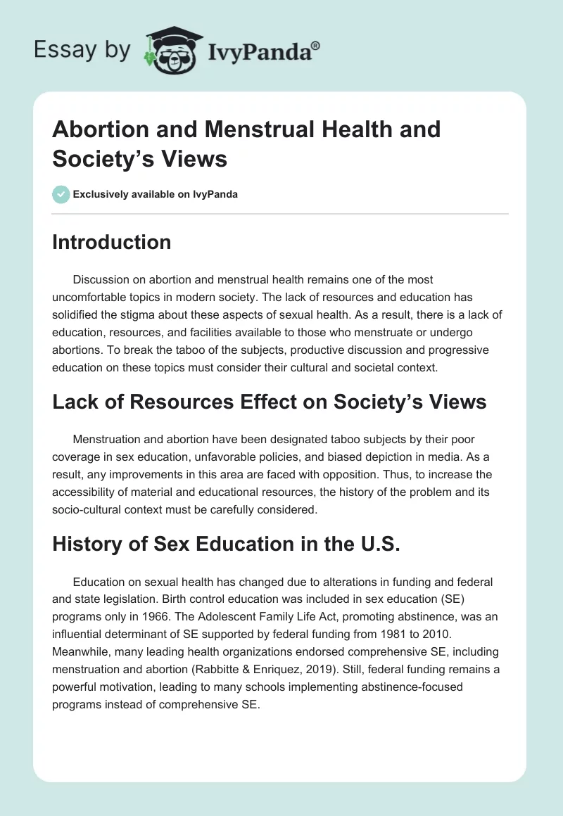 Abortion and Menstrual Health and Society’s Views. Page 1