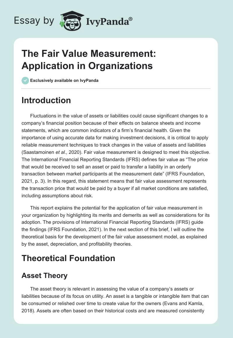 The Fair Value Measurement: Application in Organizations. Page 1