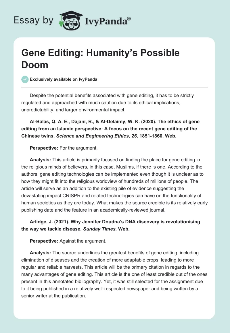 Gene Editing: Humanity’s Possible Doom. Page 1