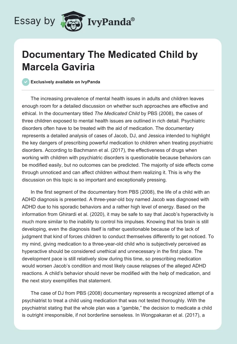 Documentary "The Medicated Child" by Marcela Gaviria. Page 1
