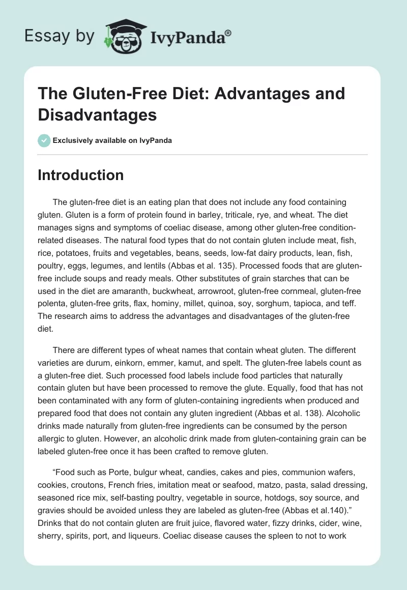 The Gluten-Free Diet: Advantages and Disadvantages. Page 1
