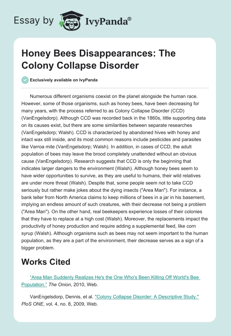 Honey Bees Disappearances: The Colony Collapse Disorder. Page 1