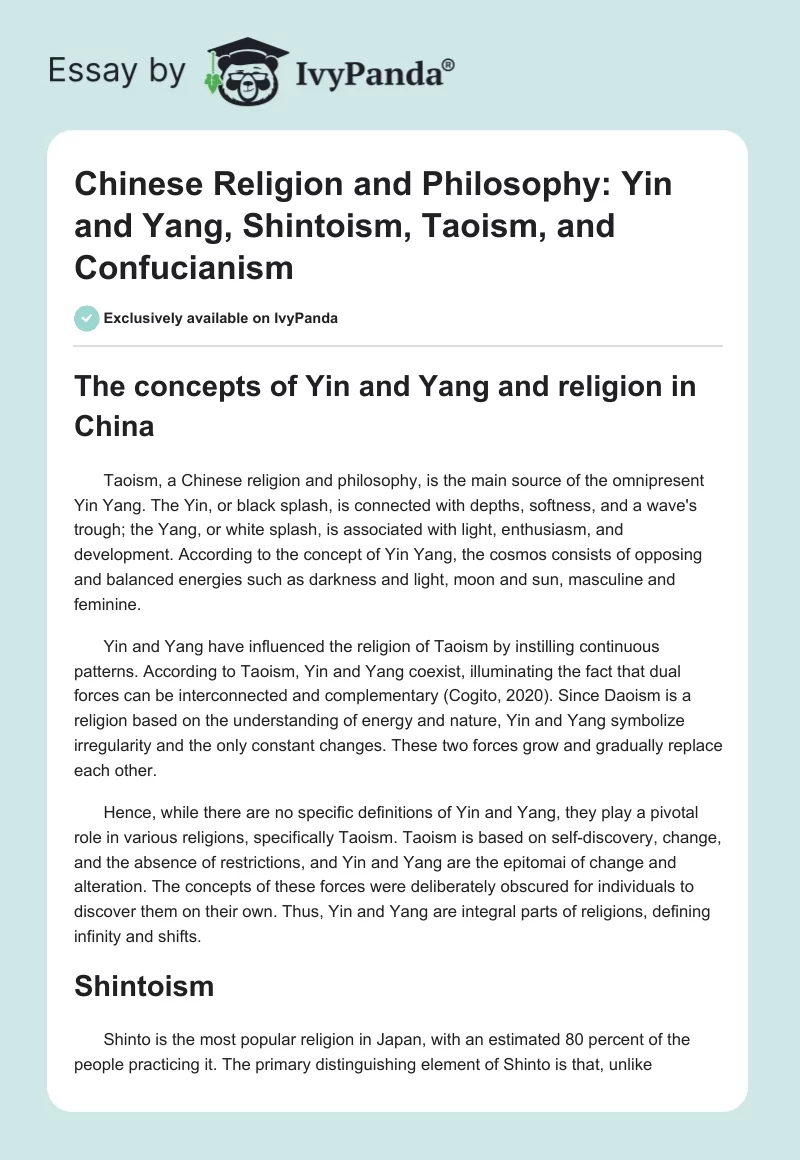 Chinese Religion and Philosophy: Yin and Yang, Shintoism, Taoism, and Confucianism. Page 1