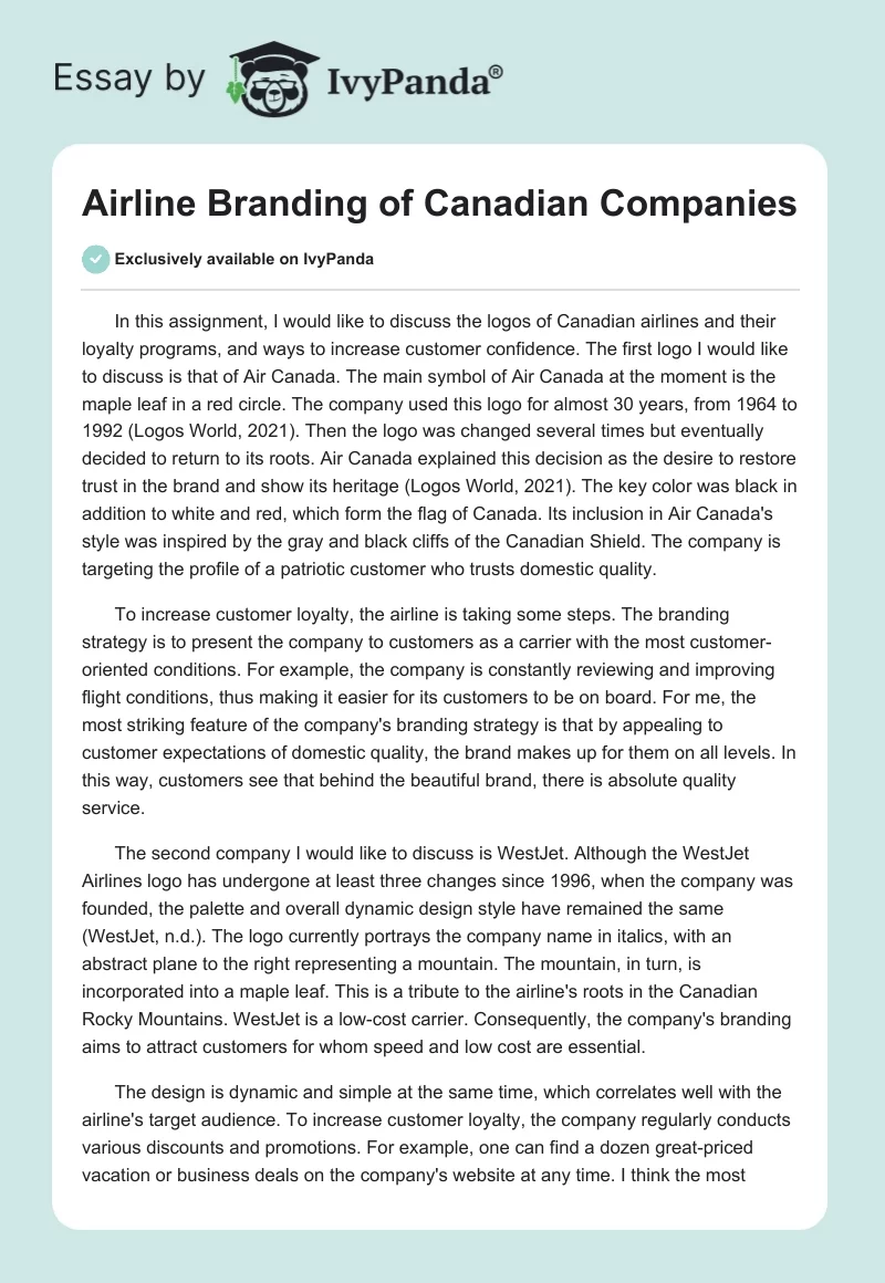 Airline Branding of Canadian Companies. Page 1