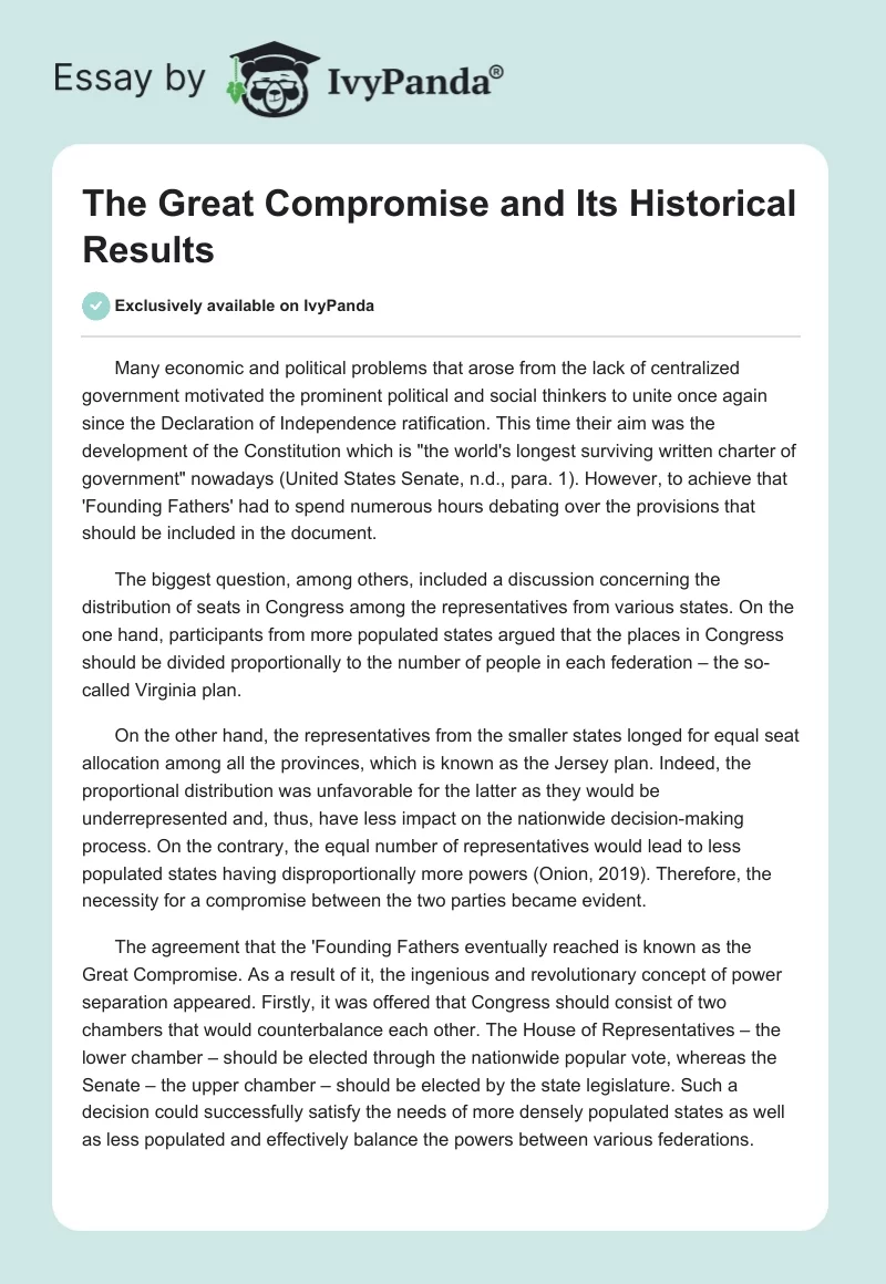 The Great Compromise and Its Historical Results. Page 1