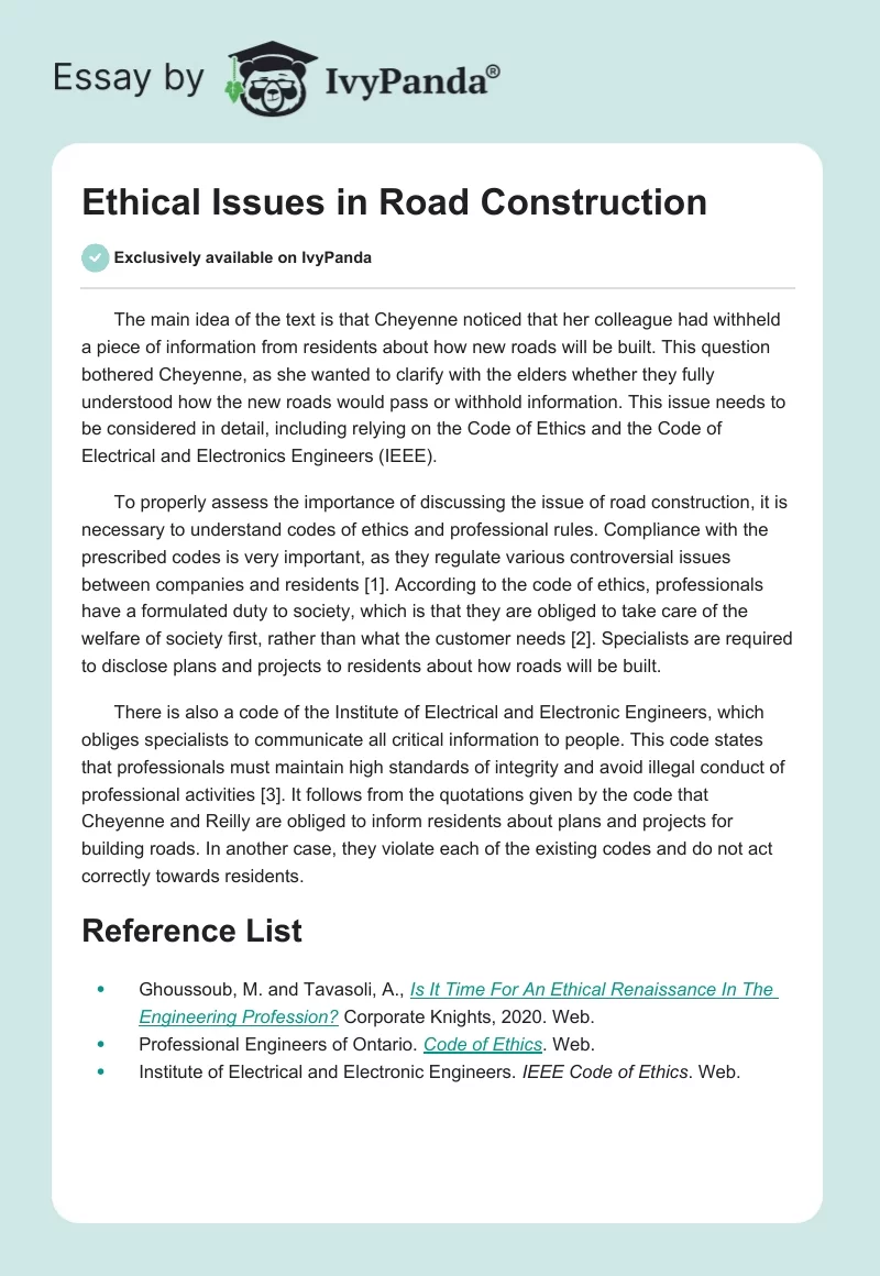 Ethical Issues in Road Construction. Page 1