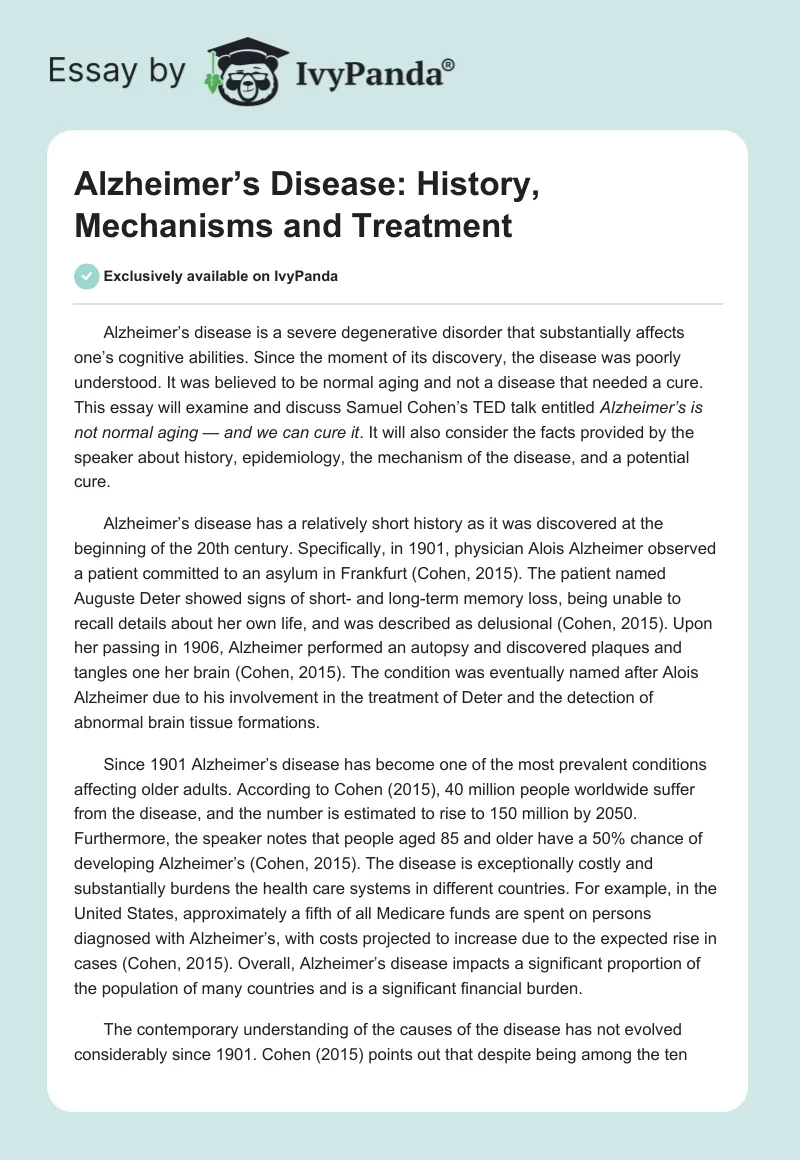 Alzheimer’s Disease: History, Mechanisms and Treatment. Page 1