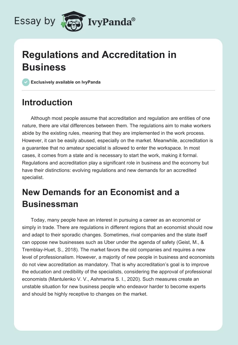 Regulations and Accreditation in Business. Page 1