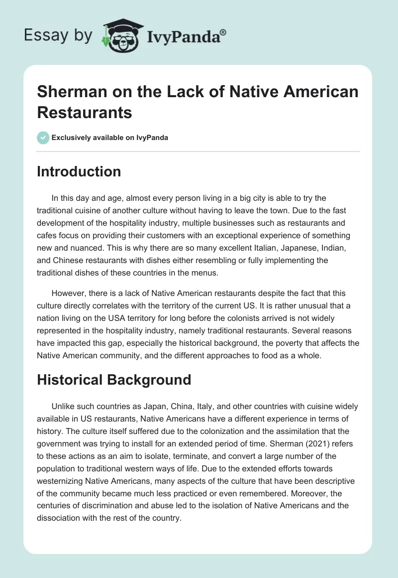 Sherman on the Lack of Native American Restaurants. Page 1