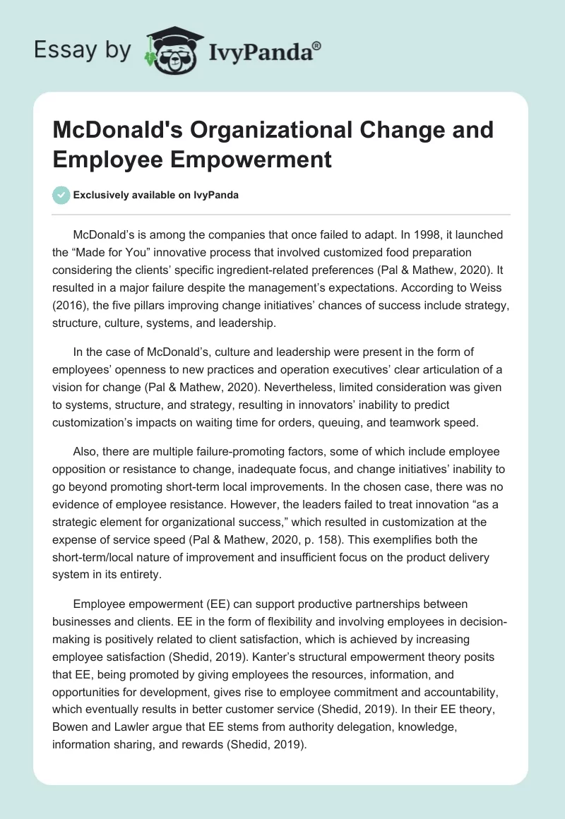 McDonald's Organizational Change and Employee Empowerment. Page 1