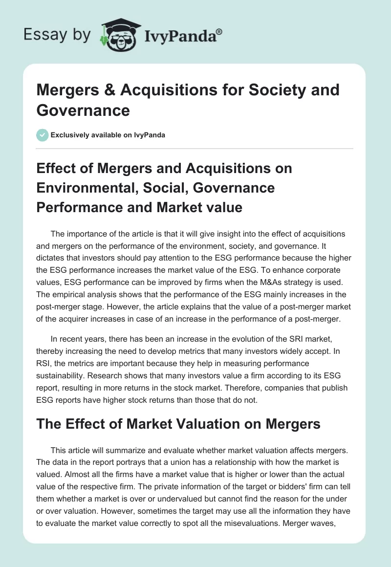 Mergers & Acquisitions for Society and Governance. Page 1