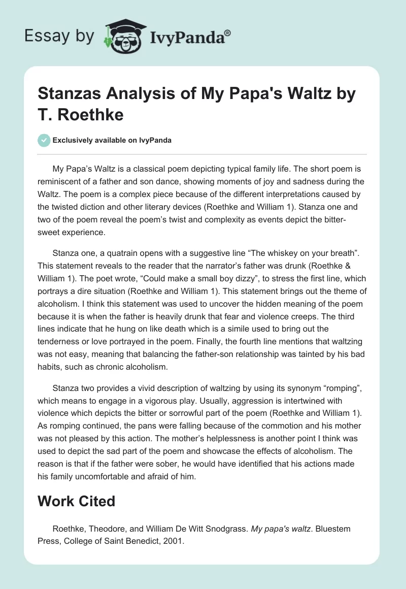 Stanzas Analysis of "My Papa's Waltz" by T. Roethke. Page 1