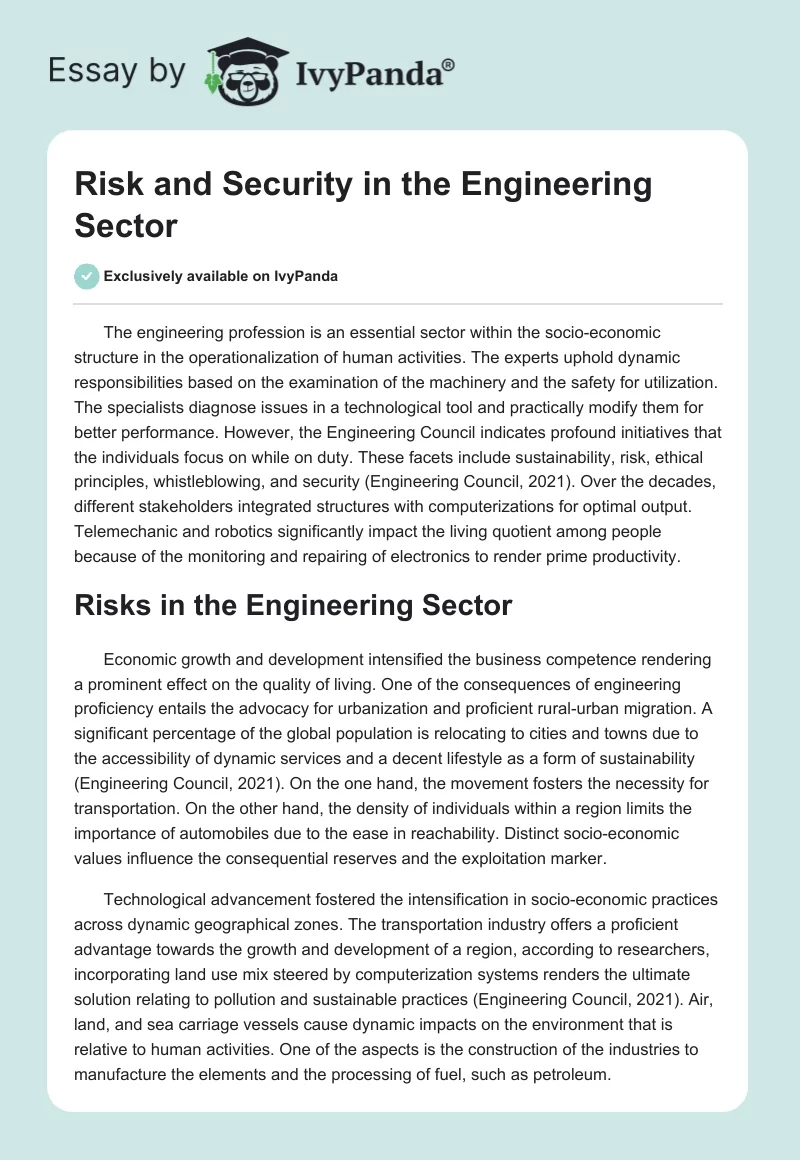Risk and Security in the Engineering Sector. Page 1