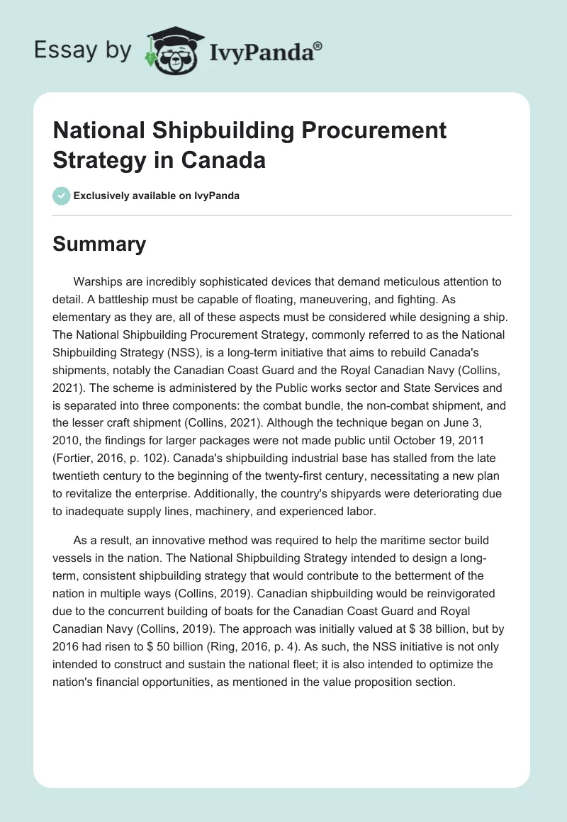 National Shipbuilding Procurement Strategy in Canada. Page 1