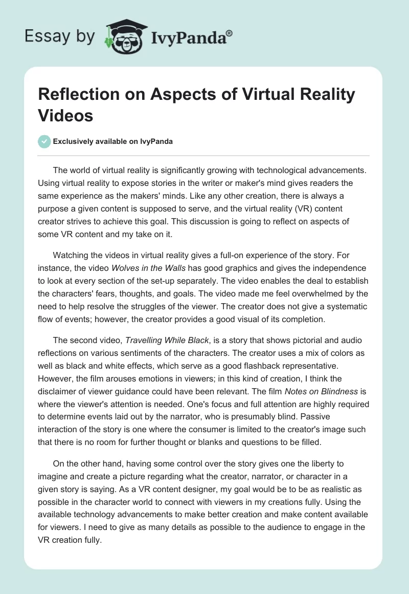 Reflection on Aspects of Virtual Reality Videos. Page 1