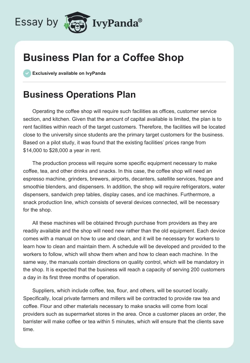 Business Plan for a Coffee Shop. Page 1